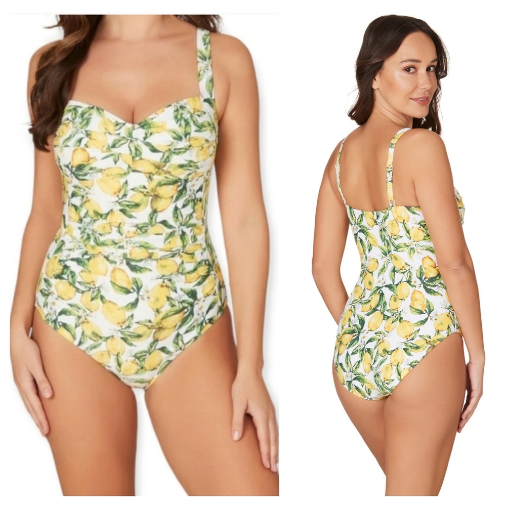 Nip Tuck Swim Joanne One-Piece Twist Front Lemon Print White Yellow Green 12